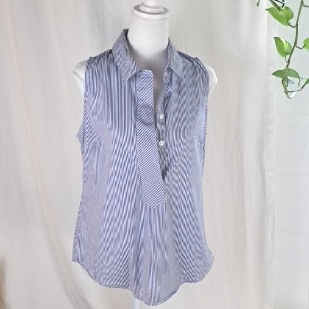 Armani blue white striped sleeveless button front Collared tank top sz8 szM